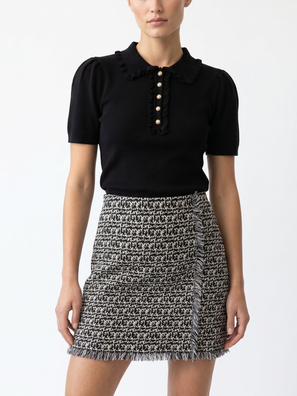 Max Studio Black and Cream Tweed Fringe Skirt
